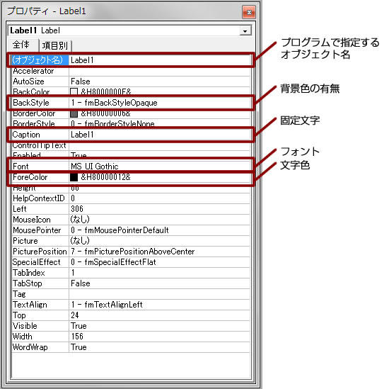 ラベルのプロパティ