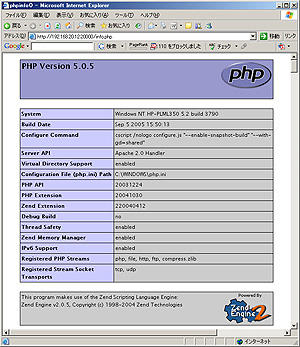 Windows で phpinfo() を動かした様子