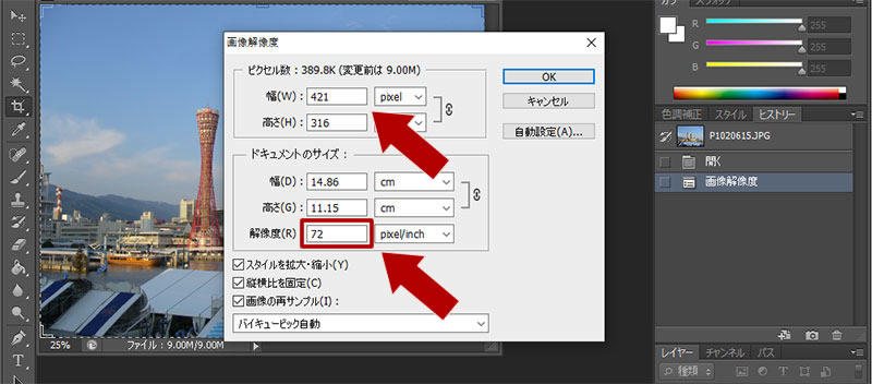 ウェブ用に解像度を 72ppi に変更